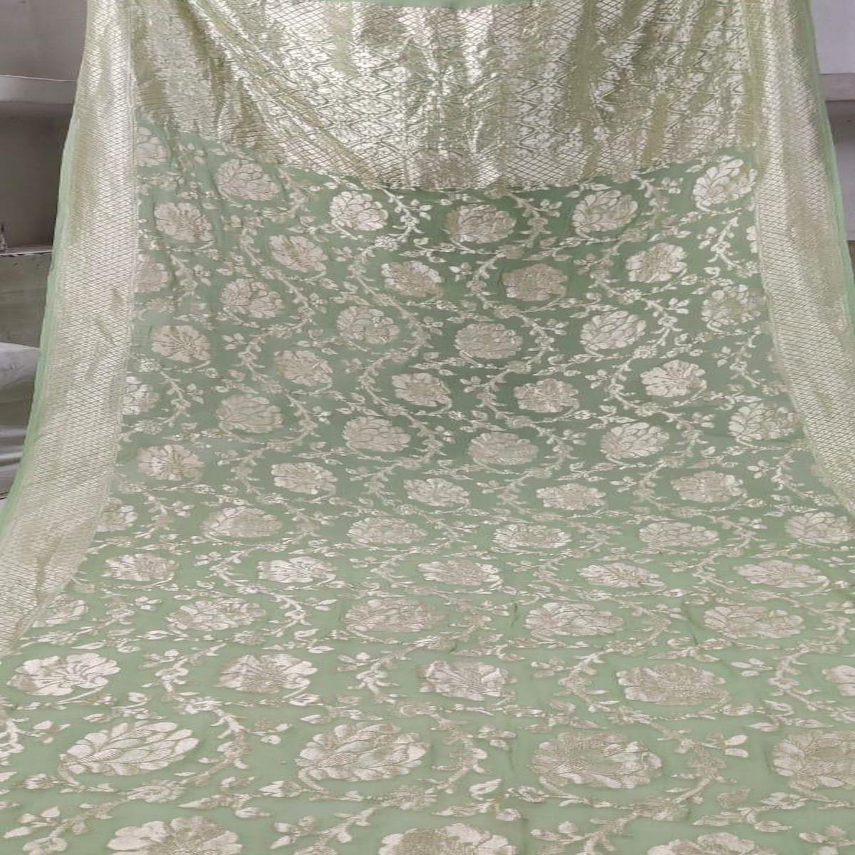 Pastel Green Banarasi khaddi chiffon saree, Pure khaddi Banarasi saree, Khaddi Banarasi saree