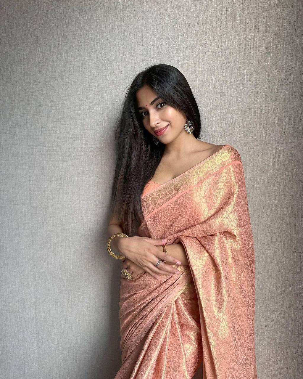Peach Banarasi Soft Silk Saree With Blouse