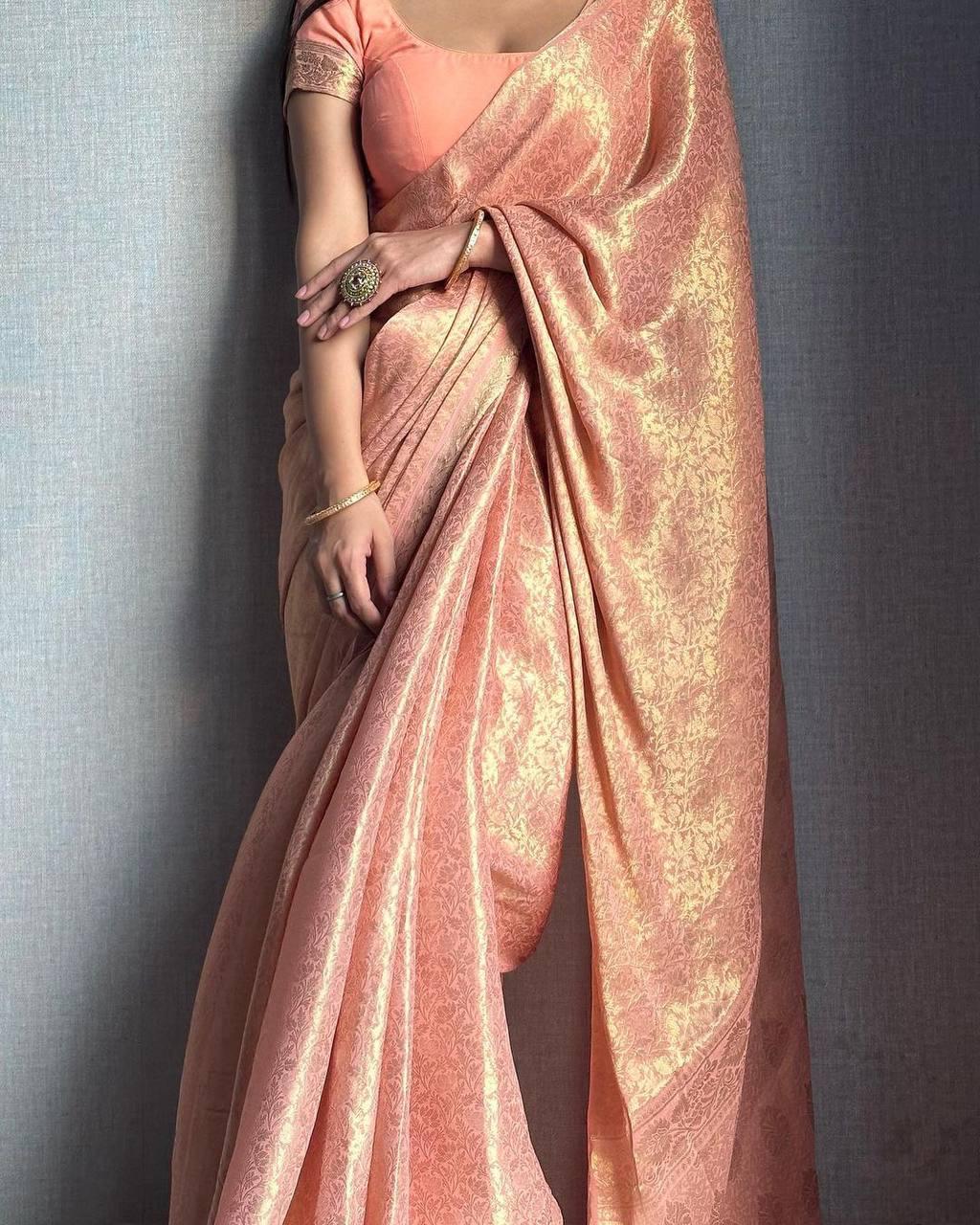 Peach Banarasi Soft Silk Saree With Blouse