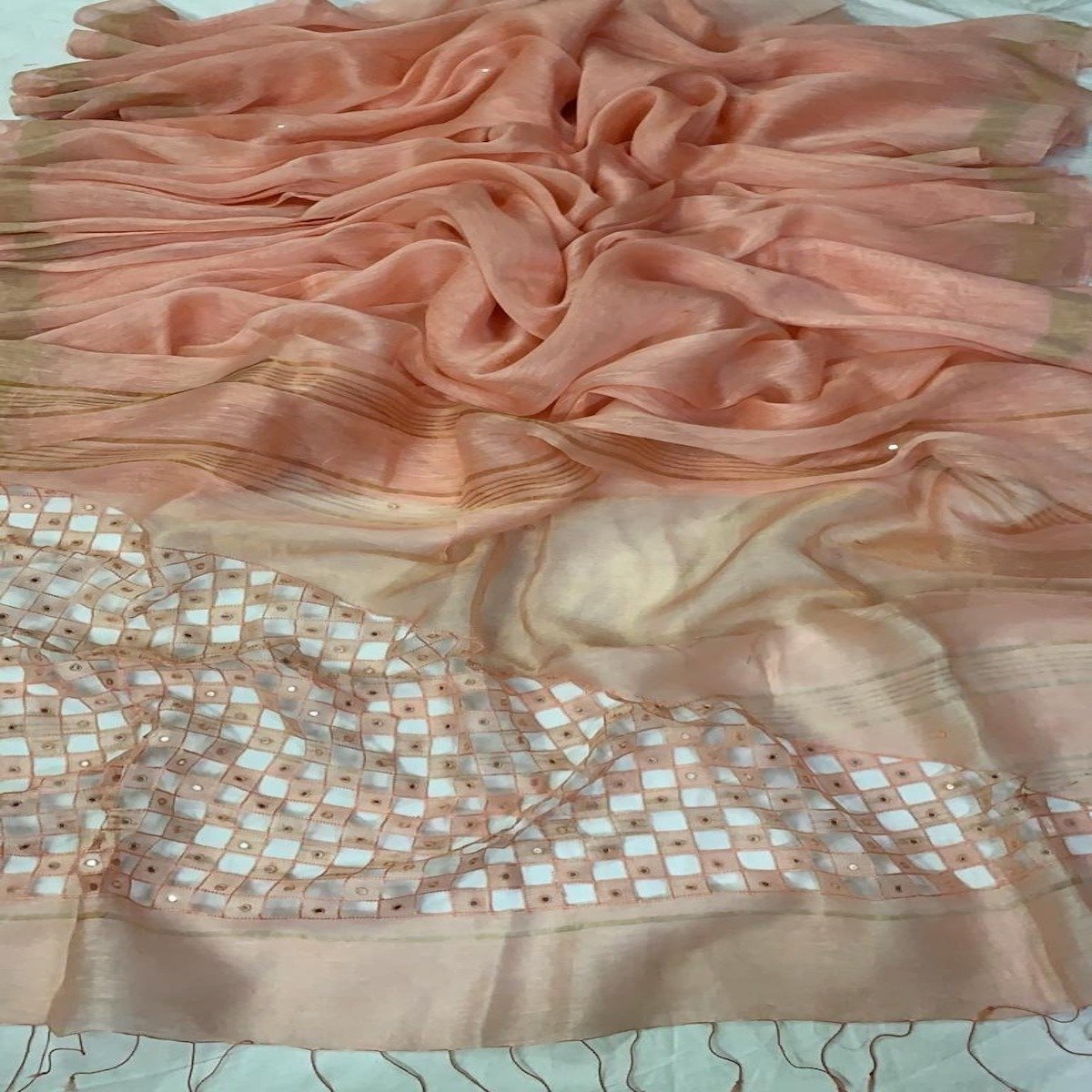 Peach Silk Linen Cutwork Saree ,Linen Sarees Online, Linen partywear Sarees Online