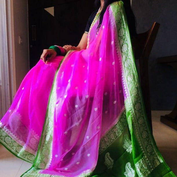 Pink Green Buti Jaal Banarasi Khaddi Saree