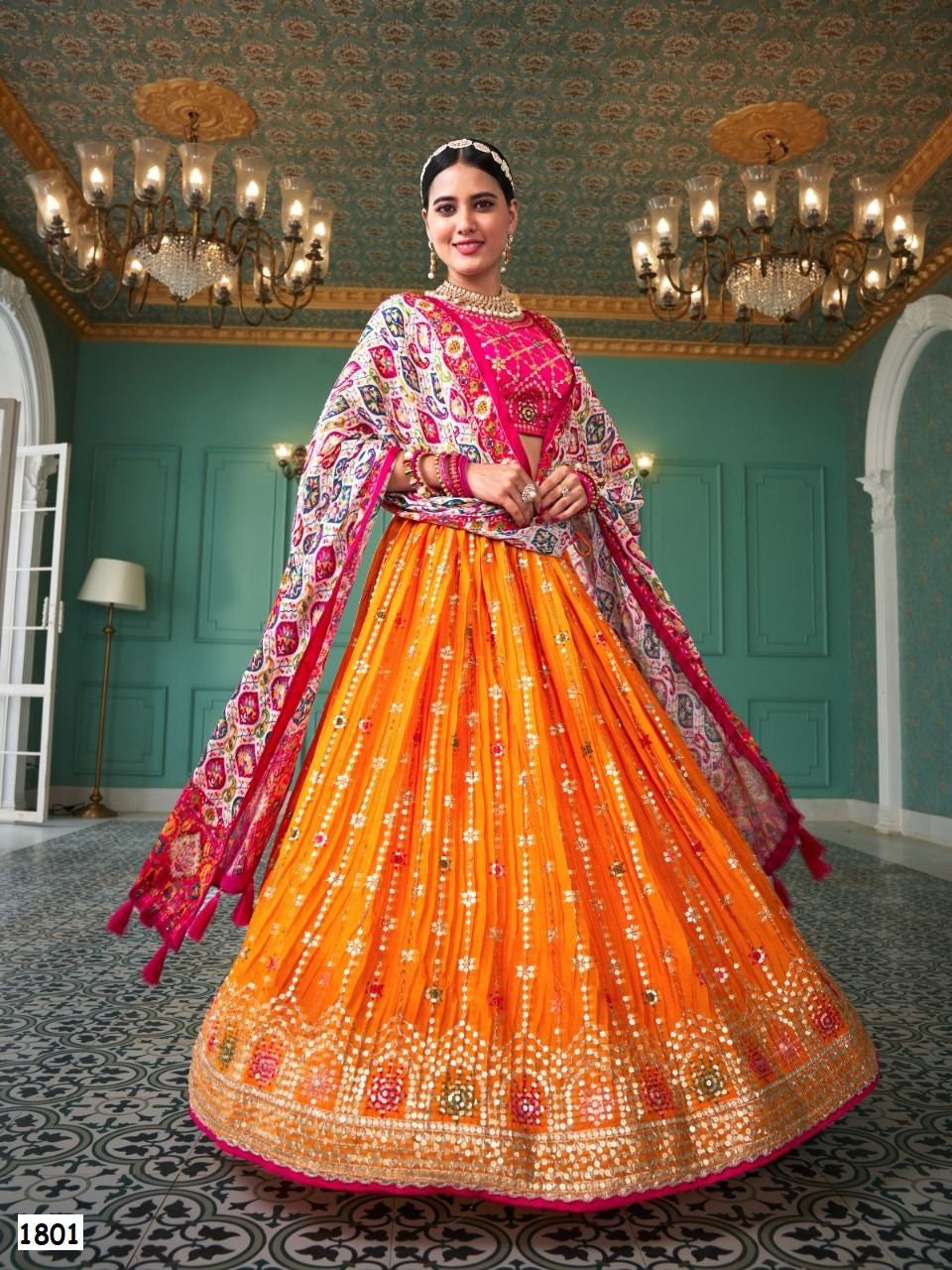 Pink And Orange Embroidery Semi Stitched Lehenga