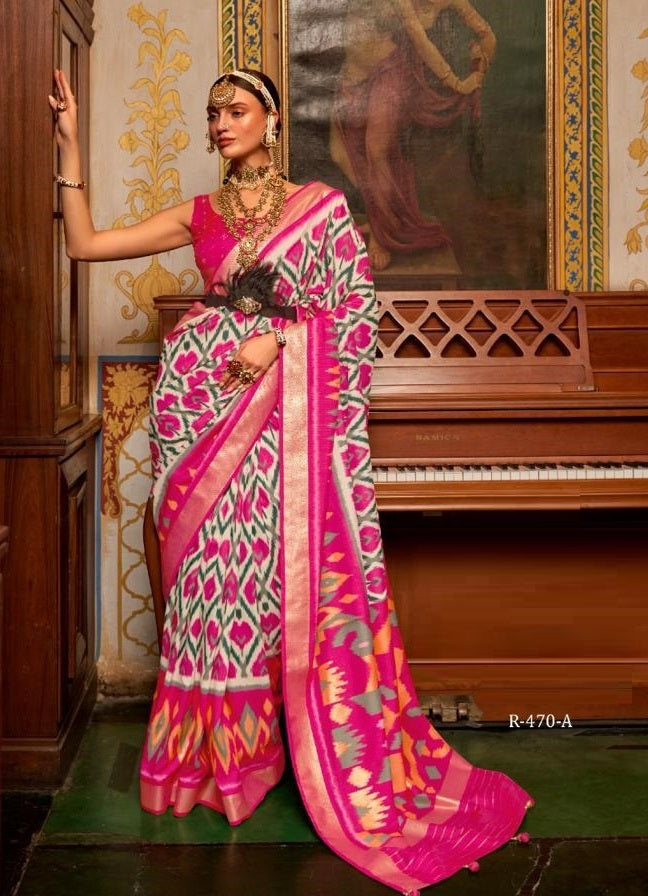 Pink Patola Silk Saree With Zari Border