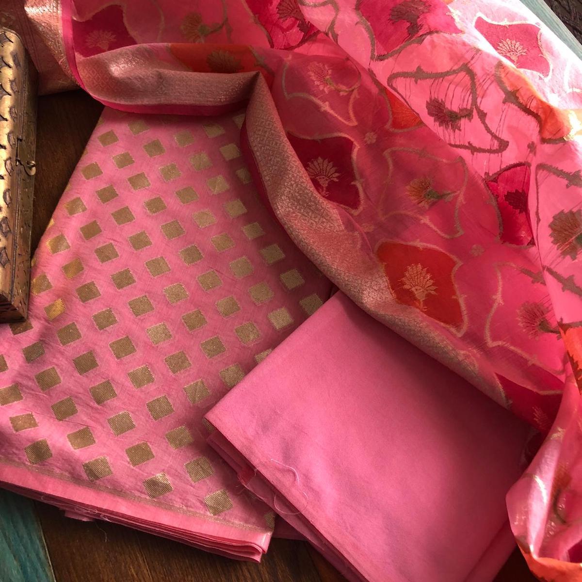 Pink And Golden Banarasi Salwar Suit,Banarasi Salwar Suit Online ,Banarasi Katan Silk At Affordable Rates