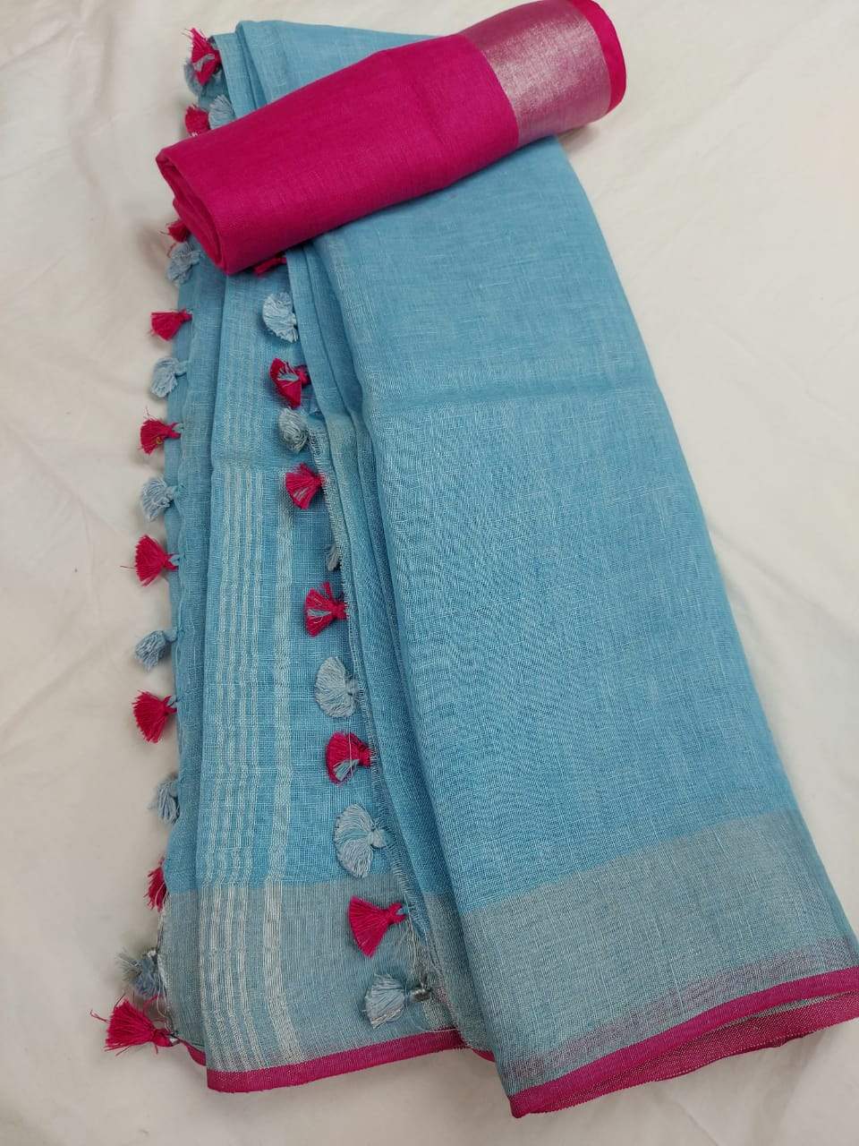 Pure Linen Saree Sky Blue And Pink,floral linen sarees, line sarees online, digital printed linen sarees