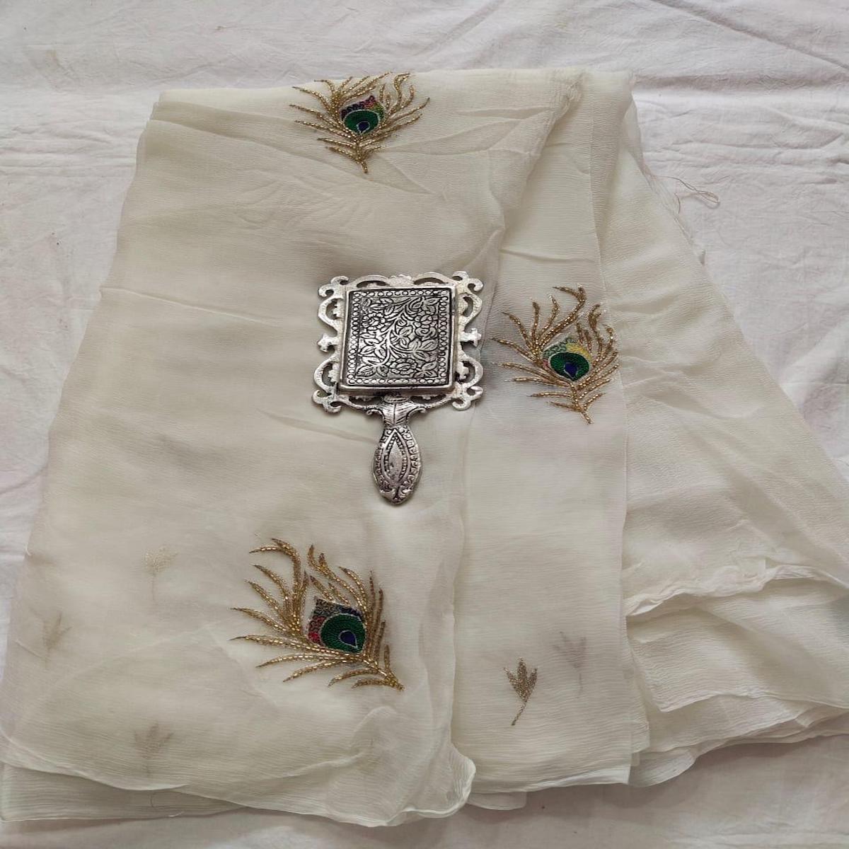 Rajputi Chiffon Handwork Saree In White,Get This,Rajasthani Saree,Have Now,Wedding Wear Saree