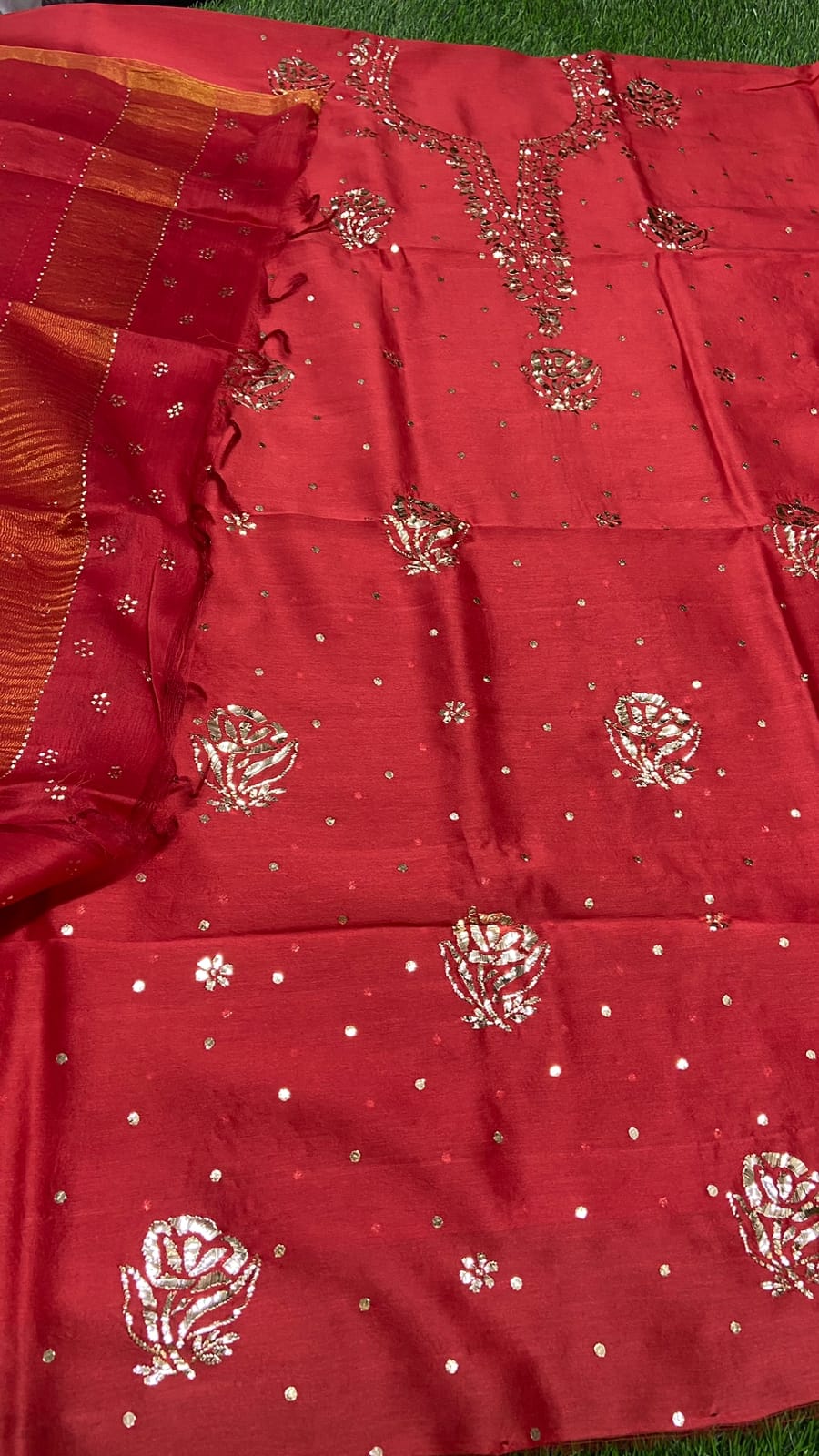 Red Chanderi Chikankari Silk Kurti And Dupatta