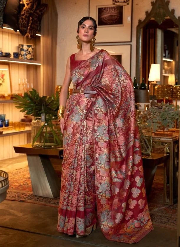 Red Kashmiri Weaving Handloom Saree With Blouse