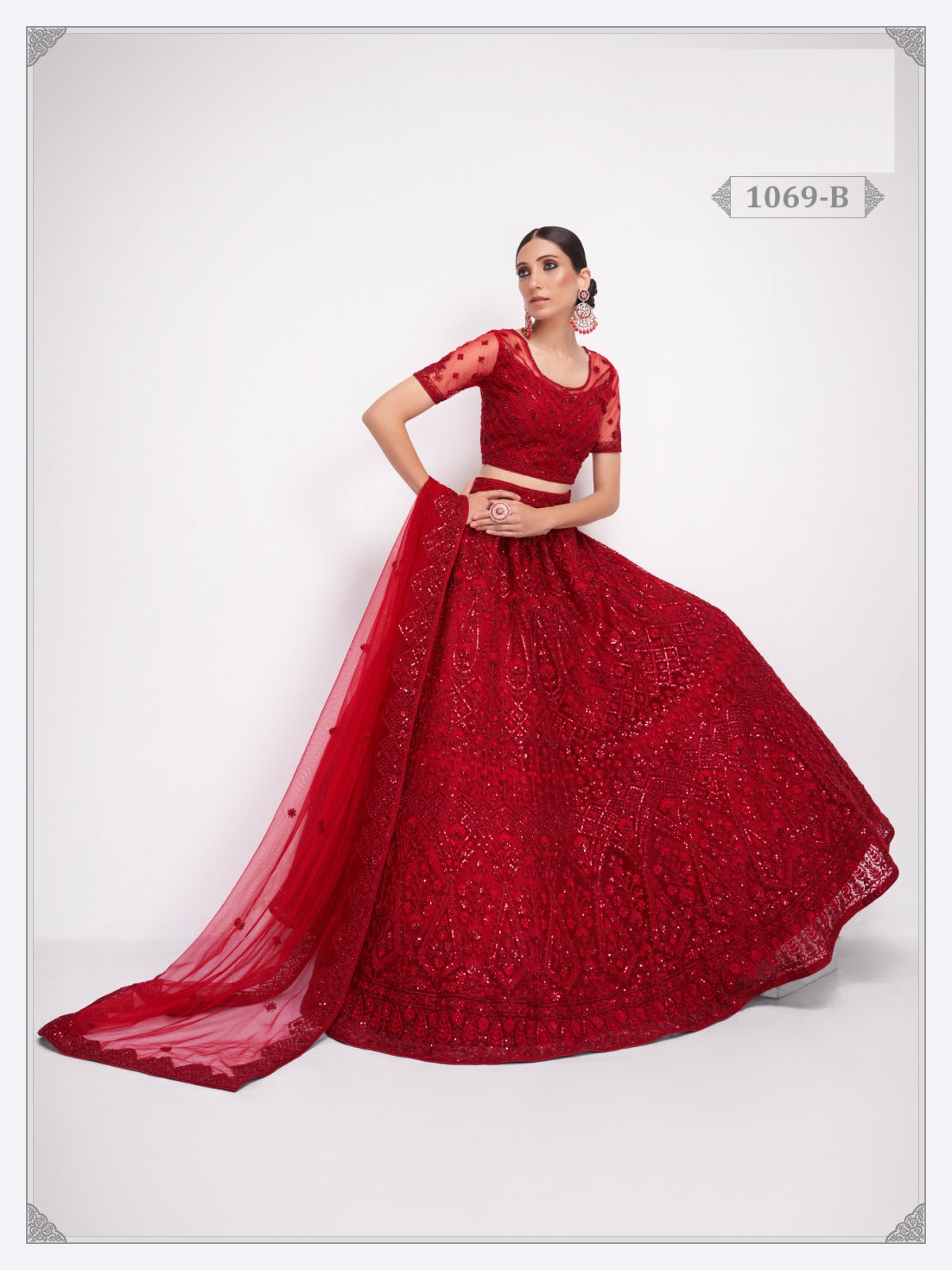 Red Net Embroidery Semi Stitched Lehenga