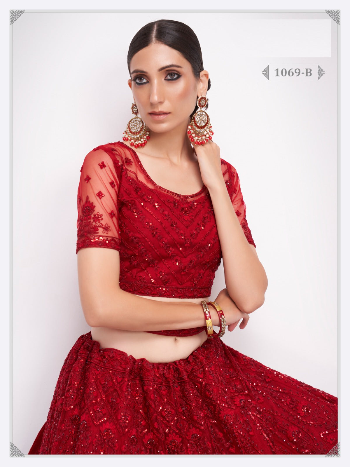 Red Net Embroidery Semi Stitched Lehenga