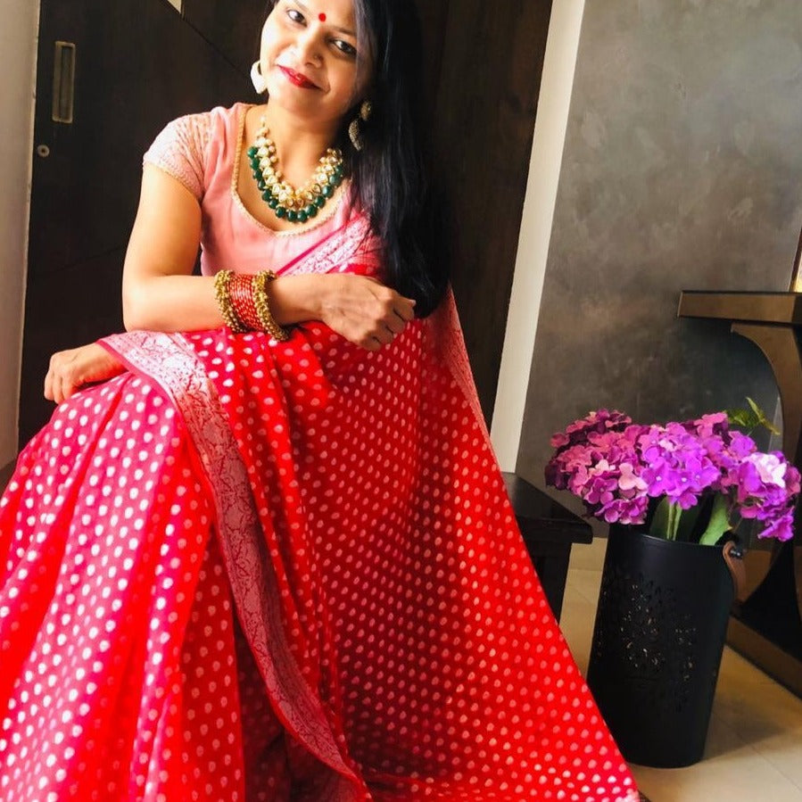 Red Banarasi Semi Georgette Full Jaal Saree - jhakhas.com