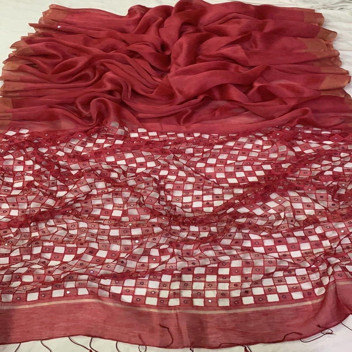 Red Silk Linen Cutwork Saree ,Linen silk cutwork sarees, Linen sarees With Mirror Work