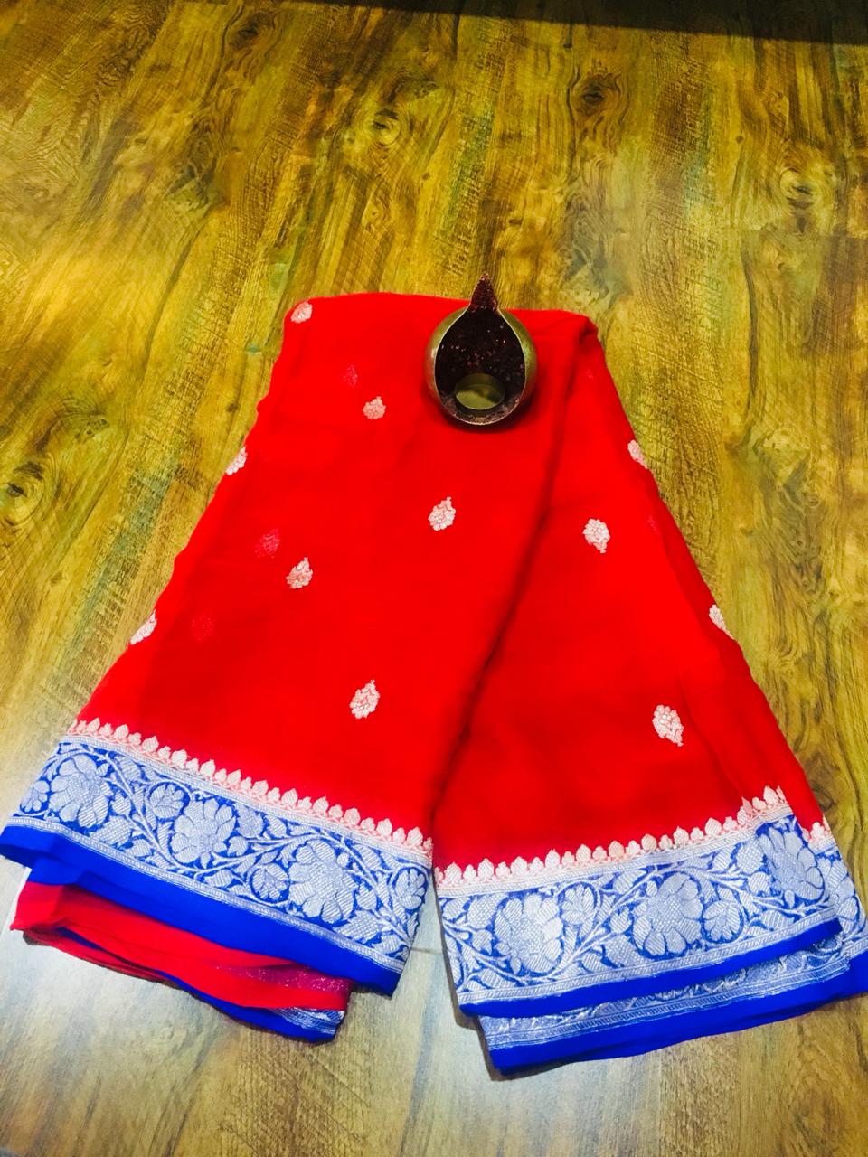 Blue & Red Khaddi Banarasi Chiffon Jaal Saree