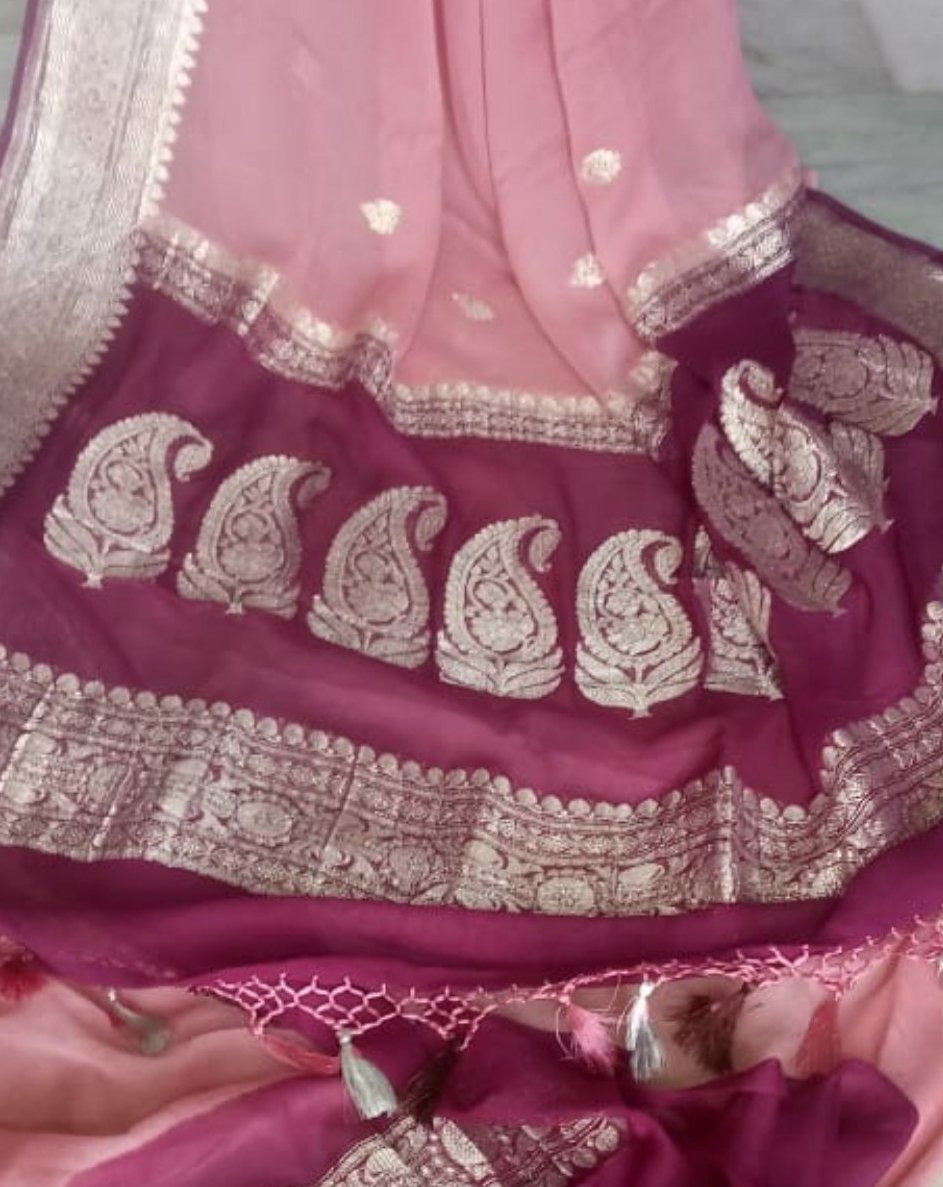Pink WIne Ombre Jaal Banarasi Chiffon Saree