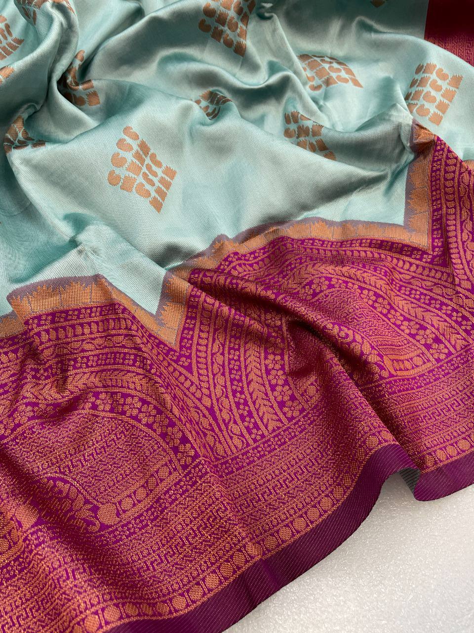 Sky Blue Banarasi Soft Silk Saree With Blouse