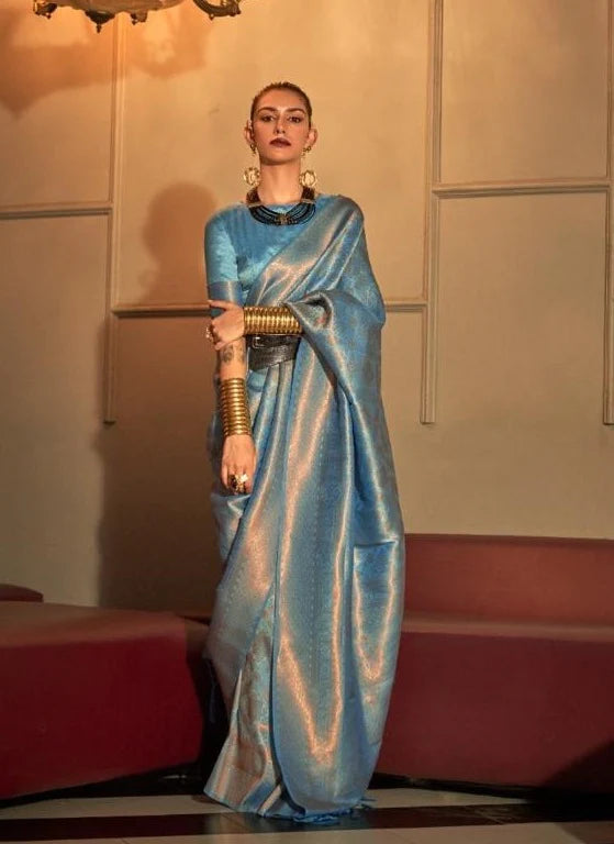 Sky Blue Kanjivaram Silk Saree With Blouse