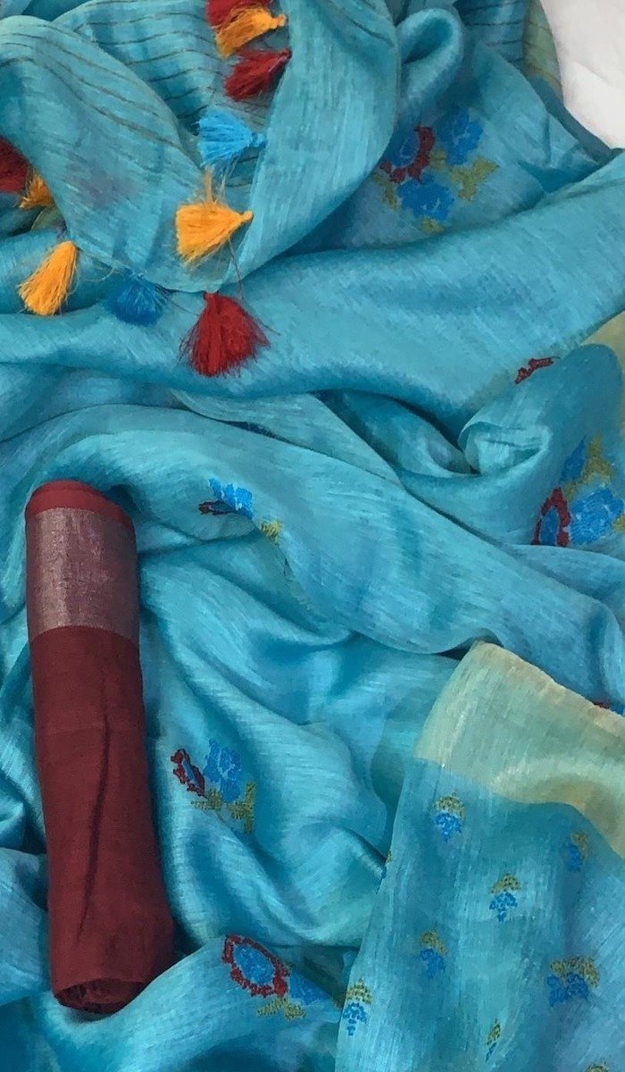 Skyblue Linen Embroidery Saree,Linen Saree, Office Wear Saree At Jhakhas.Com