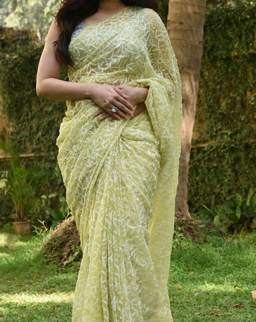 Green Chikankari Saree
