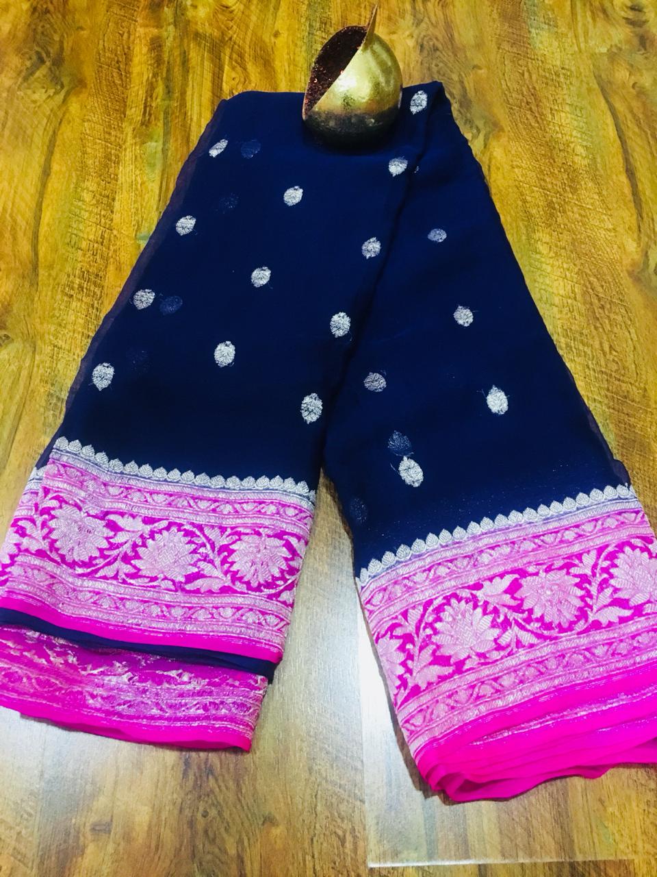 Navyblue And Pink Banarasi Khaddi Georgette Saree