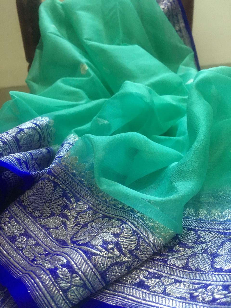 Sea Blue-Green Buti Jaal Banarasi Georgette Saree