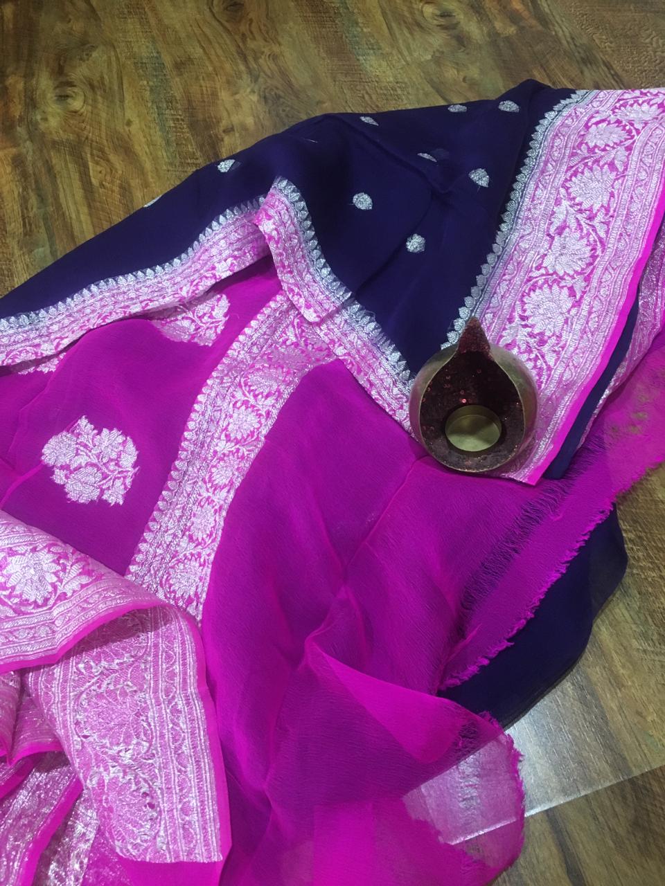 Navyblue And Pink Banarasi Khaddi Georgette Saree