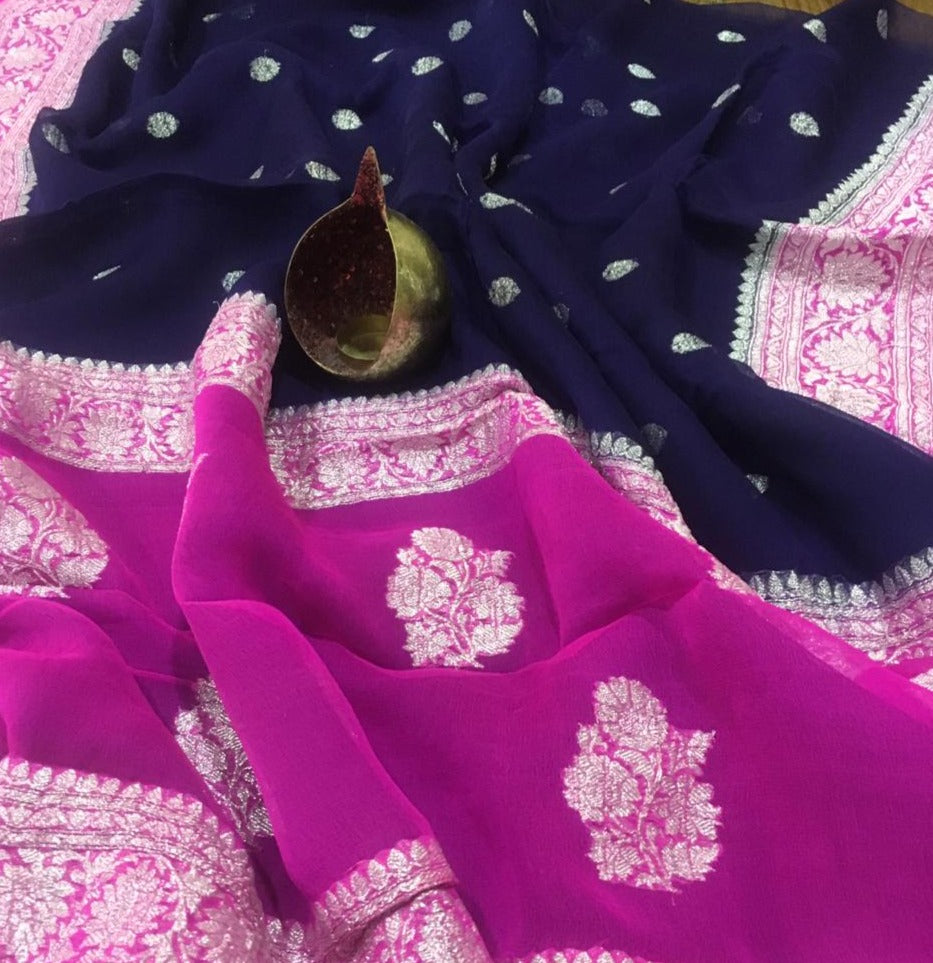 Navyblue And Pink Banarasi Khaddi Georgette Saree