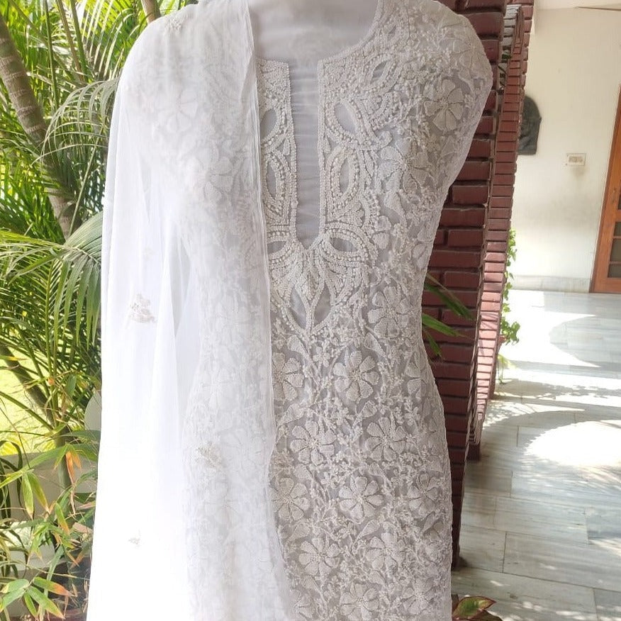 White chikankari georgette kurti salwar set