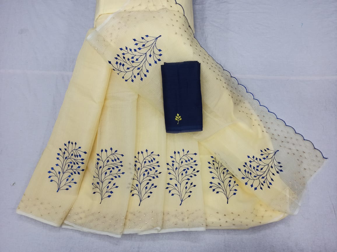 Shop Kota Doria Embroidery Work Saree In Cream, Kota Doria Sarees