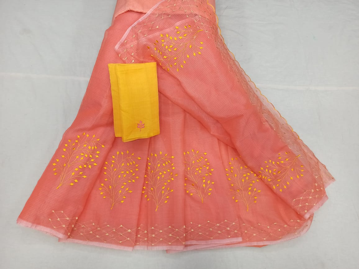 Buy Peach Kota Doria Embroidery Work Saree, Kota Doria Saree
