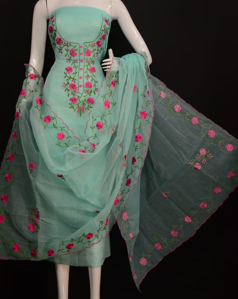 Fancy Kota Doria Embridery Work Suit In Green,kota doria suits with price