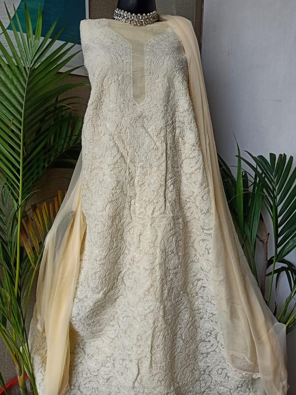 Fancy Cotton chikankari salwar suit in Cream - jhakhas.com