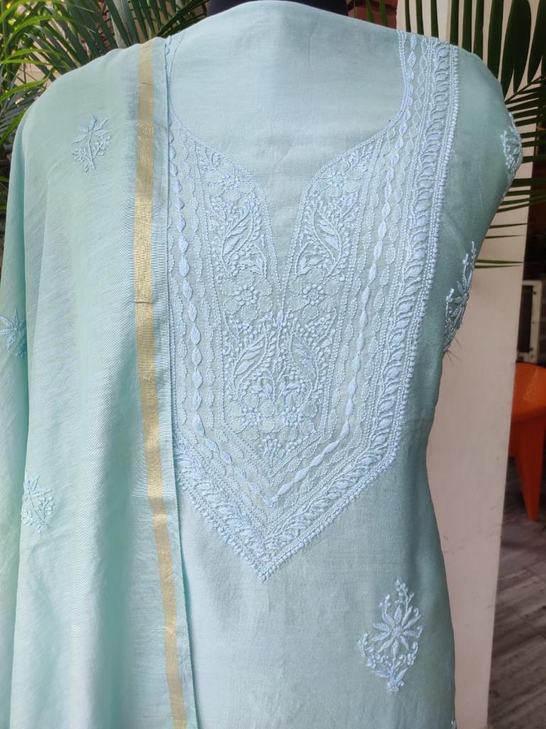 "Nehar" Grey Blue Pure Chanderi Chikankari Salwar Suit