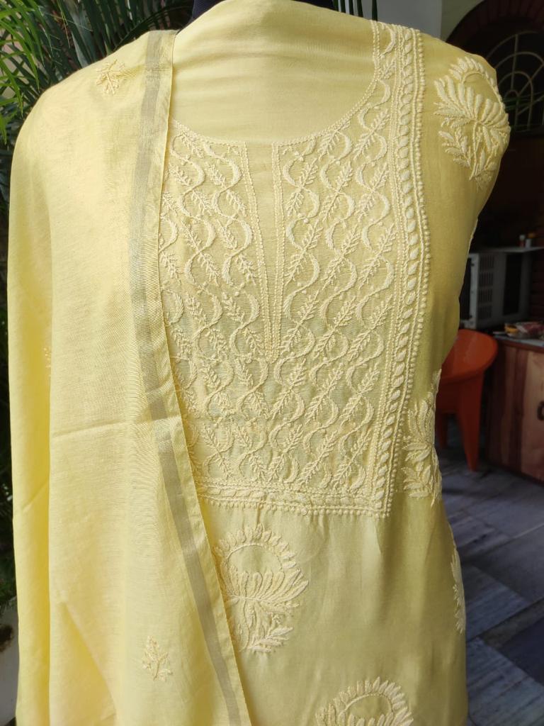 "Mahjabeen" Lemon Yellow Pure Chanderi Chikankari Salwar Suit