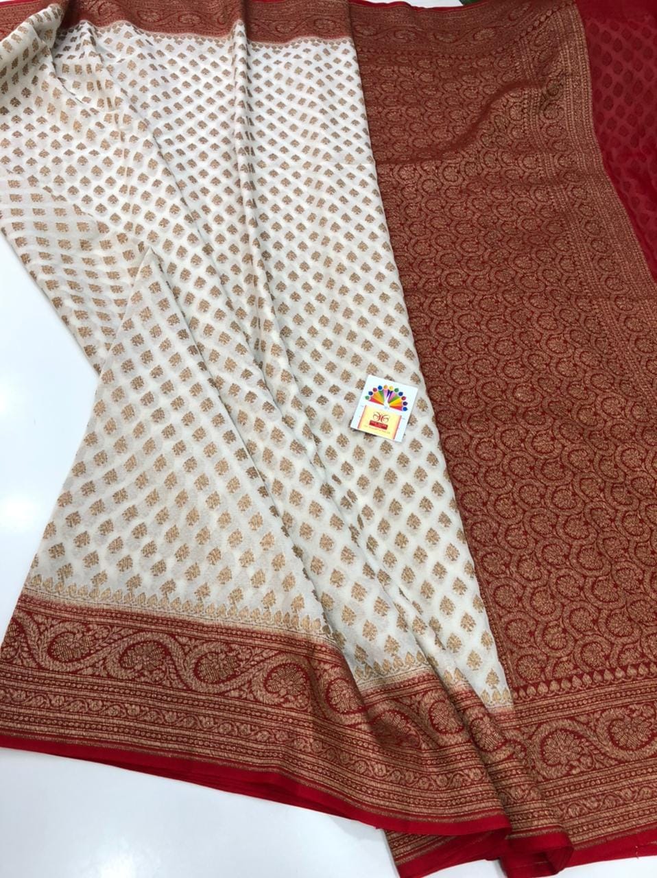 White-Red Buti Banarasi Khaddi Festive Saree