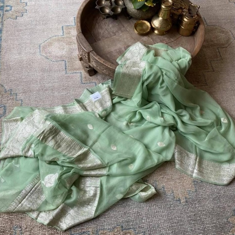 Mint Green Banarasi Khaddi Jaal Georgette Saree