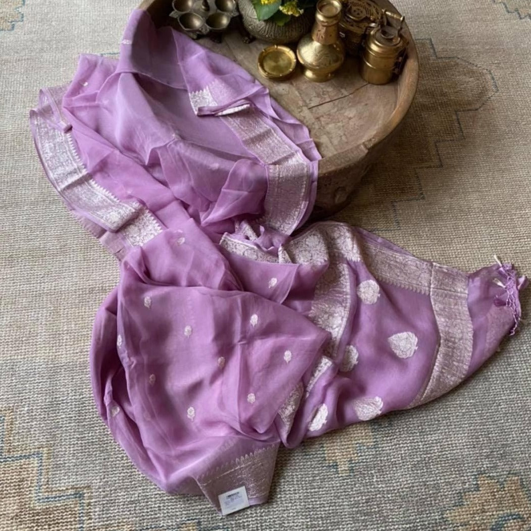Light Purple Unique Buti Jaal Banarasi Chiffon Saree