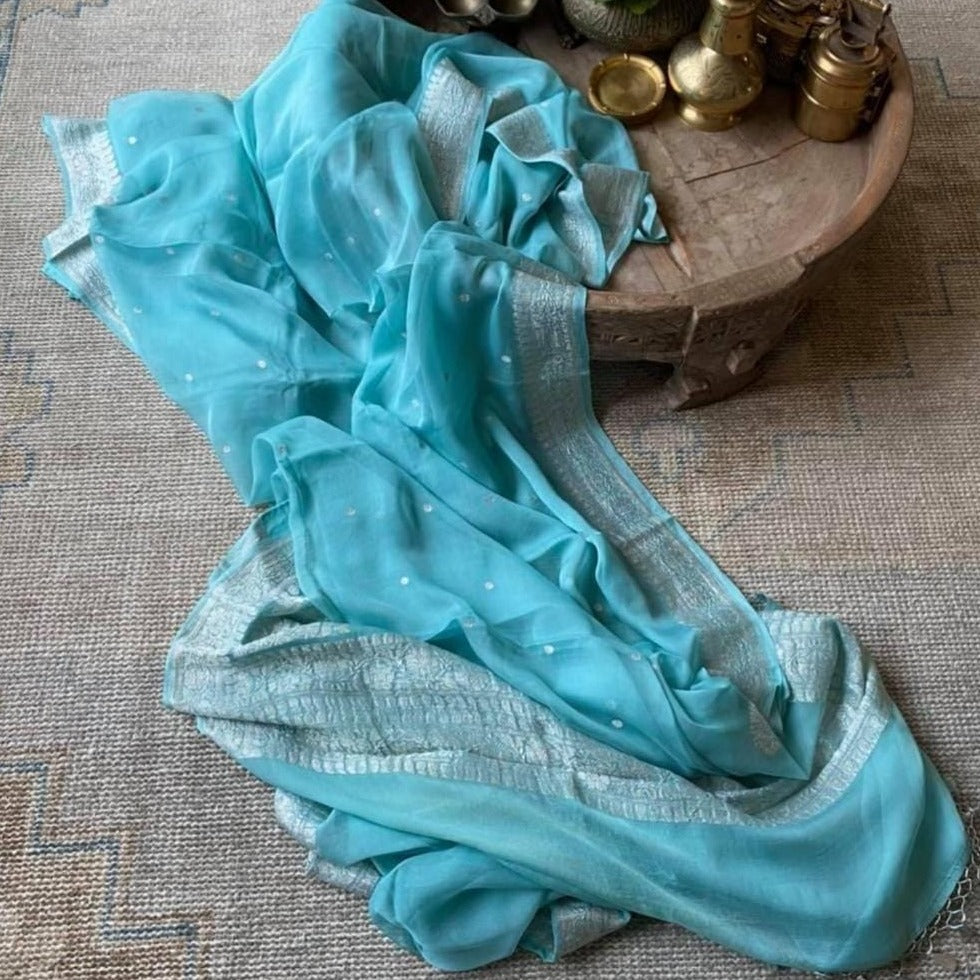 Ocean Blue Banarasi Chiffon Buti Jaal Saree