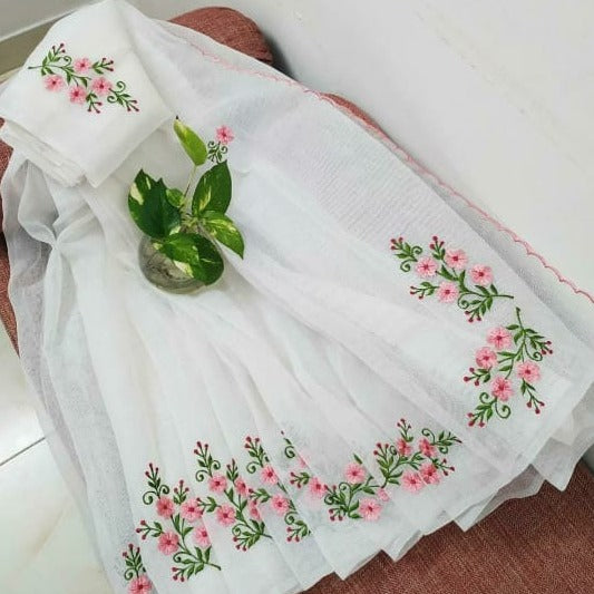 Buy White Kota Doria Embroidery Work Saree