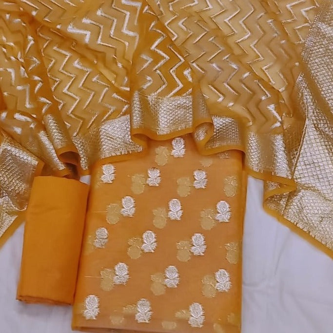 Golden Banarasi Organza Silk Handloom Suit