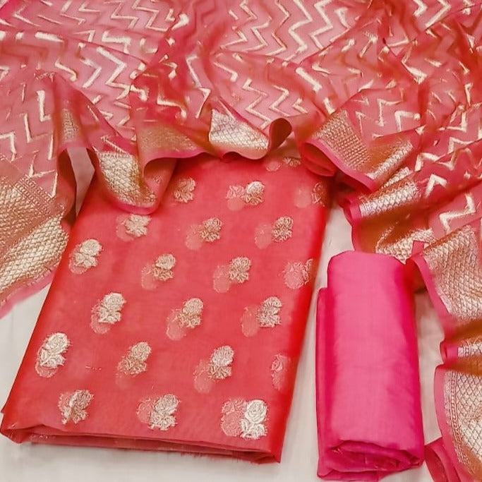 Red Banarasi Organza Silk Handloom Suit