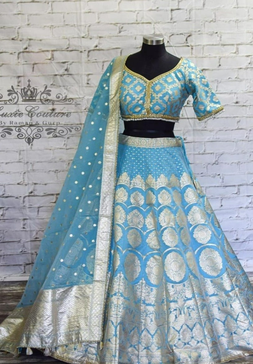 Blue banarasi lehenga choli with gota buttis and white organza dupatta 2024