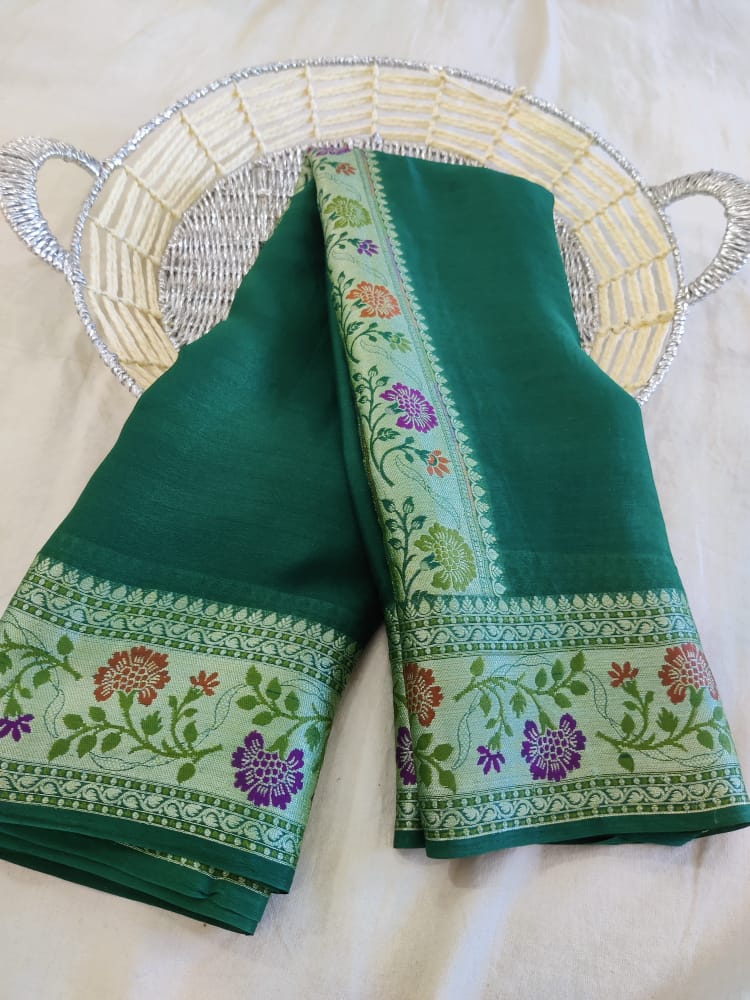 Forest Green Banarasi Chiffon Meenakari Elegant Saree