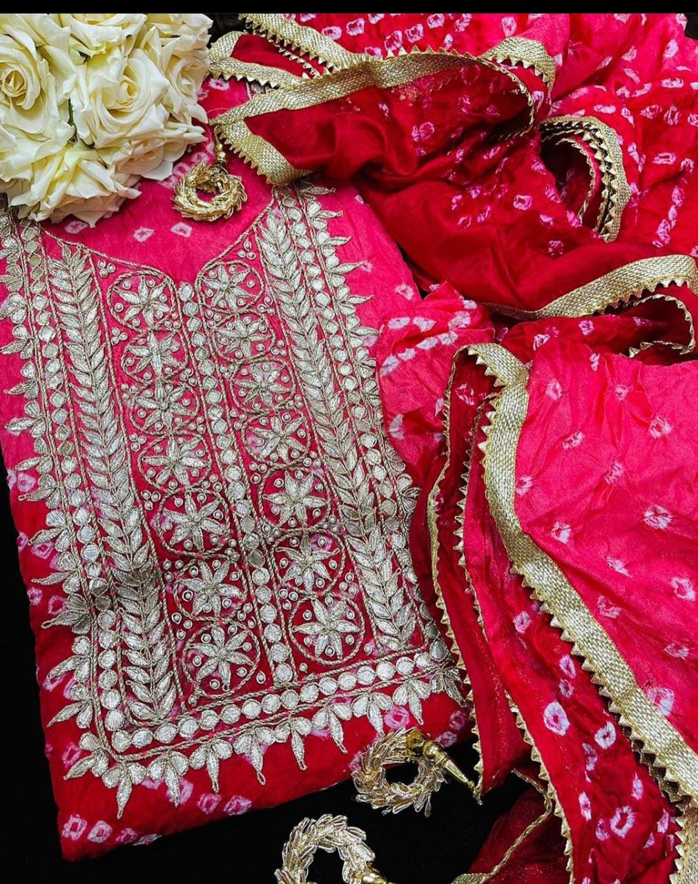 Pink Color Bandhej Silk Gota Work Suit Set