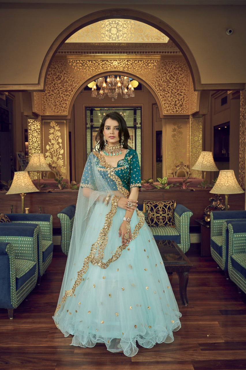 Sea Green Net Thread with Sequins Embroidery Work Lehenga(ONLY PREPAID)