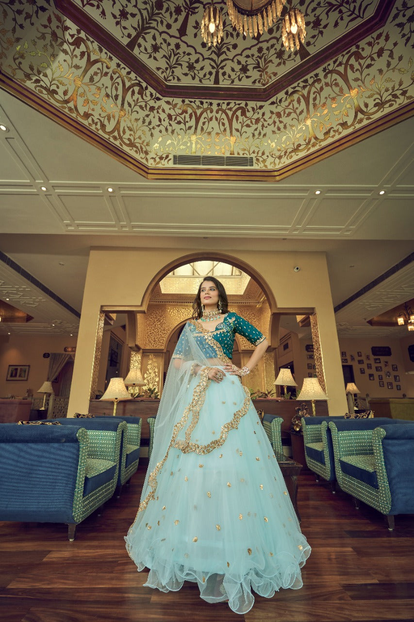 Sea Green Net Thread with Sequins Embroidery Work Lehenga(ONLY PREPAID)