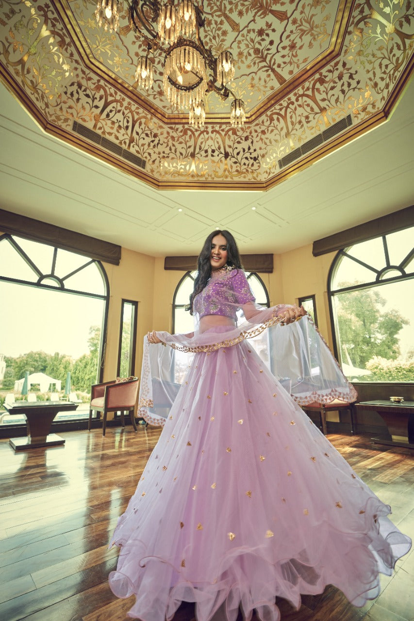Purple Net Thread with Sequins Embroidery Work Lehenga(ONLY PREPAID)