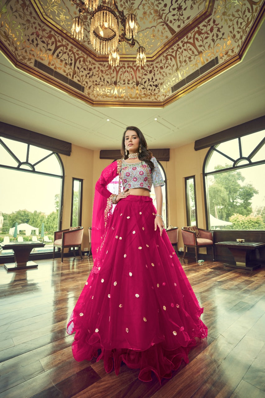 Pink Net Thread with Sequins Embroidery Work Lehenga(ONLY PREPAID)