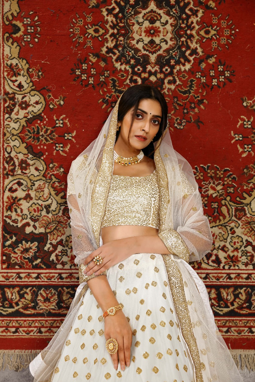 White Net with Sequins Embroidery Work Lehenga(ONLY PREPAID)