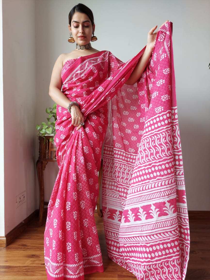 Pink Block Print Saree
