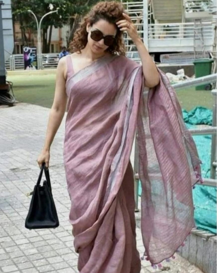 Mauve Kangana Style Pure linen saree